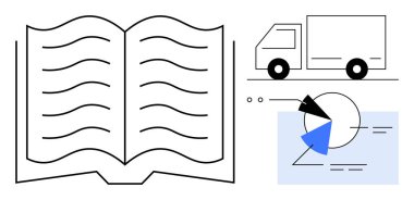 Akan çizgilerin olduğu açık bir kitap, dağıtım kamyonu taslağı, oklu modern pasta grafiği. Eğitim, lojistik, analiz, iş dünyası, araştırma süreci için idealdir. Temiz düz basit metafor