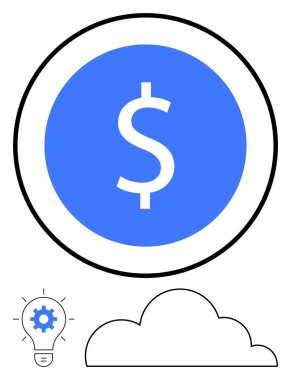 Ortasında büyük mavi para, aşağısında bulut ve dişli ampul var. Finans, yenilik, teknoloji, bulut hesaplama, iş, yatırım finansal planlama için ideal basit bir metafor