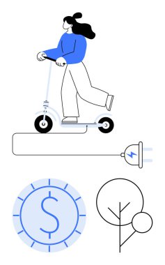 Elektrikli scooter kullanan bir kadın bir dolar ve ağaç çizimleriyle elektrik prizine bağlı. Çevre dostu ulaşım, tasarruf, yeşil enerji ve modern yaşam için ideal