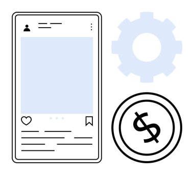 Baş parmaklar ile mobil sosyal medya arayüzü, simgeleri kaydet, ayarları veya stratejiyi belirten teçhizat, ve para kazanmayı sembolize eden dolar işareti. Sosyal medya, pazarlama, strateji, ayarlar ve finans için ideal