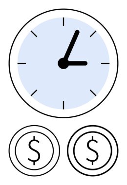 Asgari mavi yüzlü saat ve dolar simgeleri zamanı ve finansal değeri simgeliyor. Zaman yönetimi, verimlilik, maliyet verimliliği, bütçe planlaması, finansal planlama, kaynak tahsisi, daire