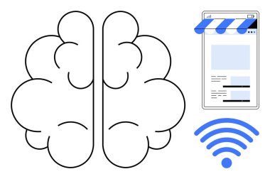 Kablosuz ikonun yanında akıllı telefon tarayıcısı olan basit beyin diyagramı. Yaratıcılık, yenilik, bağlantı, çevrimiçi öğrenme, beyin aktivitesi, dijital iletişim ve teknoloji için idealdir. Düz basit