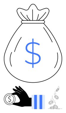 Dolar işaretli para çantası, bozuk para tutan siyah el ve etrafa saçılmış paralar. Sabit bir metaforda tasarruf, finans, zenginlik, yatırım, bütçe, bankacılık ve ekonomik denge temaları için ideal