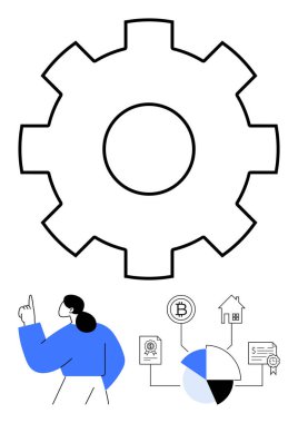 Modüler finansal ikonlar içeren büyük teçhizat, blok zinciri, gayrimenkul, sertifika ve bir pasta grafiği. Fikirlere işaret eden kadın. Finans, teknoloji, verimlilik zenginlik yönetimi için ideal