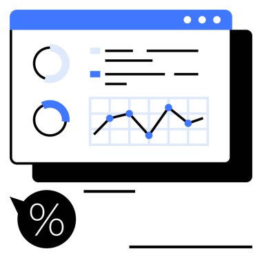 Çizgi grafiği, pasta grafikleri ve metin veri ölçümleri içeren analitik gösterge paneli. Performans takibi, iş raporları, verimlilik yönetimi, mali analiz, pazarlama anlayışları için ideal