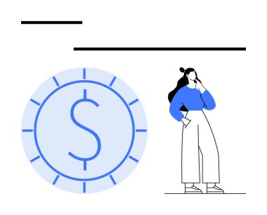 Büyük paraların yanında saat gibi işleyen bir kadın. Finans, bütçe, tasarruf, zaman yönetimi, yatırım, iş stratejisi, kavramsal tasarım için ideal. Düz basit metafor