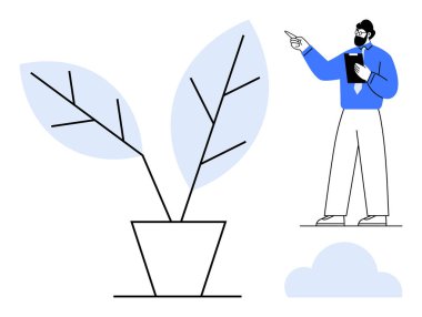 İnsan, gelişimi, büyümeyi ve yaratıcılığı simgeleyen ışık yapraklı saksı bitkisini işaret ediyor. İş dünyası için ideal, eko-farkındalık, takım çalışması, sürdürülebilirlik, kişisel büyüme yenilik eğitimi