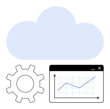Veri analizini, sistem optimizasyonunu ve bulut depolamasını sembolize eden bir çizgi grafiği ve teçhizatlı bulut. Teknoloji, iş stratejisi, veri yönetimi, yenilik, bulut çözümleri, performans için ideal