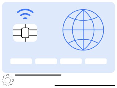 Çipli ödeme kartı, kablosuz sinyal, küresel bağlantıyı sembolize eden küre, minimal tarz. Finans, bankacılık, teknoloji, küreselleşme güvenlik dijital ödeme yeniliği için idealdir. Düz basit