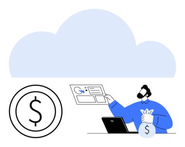 Büyük bulut, dizüstü bilgisayarda veri paneli kullanan kişi, para dolu çanta, dolar işareti. Finans, bulut hesaplama, yatırım, dijital araçlar için ideal teknoloji analitik birikimleri. Düz basit metafor