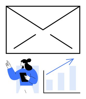 Tablet tutan kadının üstündeki büyük e-posta zarfı yukarı doğru ok ile bir bar grafiğini işaret ediyor. İş, pazarlama, e-posta kampanyaları, analitik, büyüme, strateji dijital kavramları için idealdir. Düz