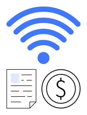 Bir belgenin üstündeki mavi kablosuz sinyal ve online işlemleri temsil eden bir dolar para, dijital fatura, finans ve elektronik ödeme sistemleri. Teknoloji, bağlantı ve iş için ideal