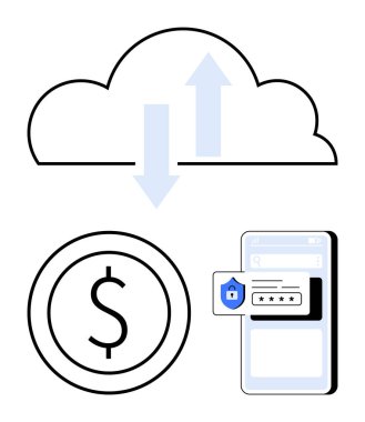 Veri akışı için okları olan bulut, daire içinde dolar işareti ve güvenli giriş gösteren akıllı telefon. Teknoloji, bulut hesaplama, güvenlik, e-ticaret, ödeme, kimlik doğrulama verileri için ideal