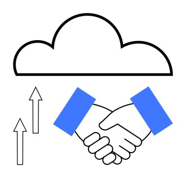 Tokalaşan bulut, büyümek için yukarı çıkan oklarla işbirliğini ve teknoloji entegrasyonunu simgeliyor. Takım çalışması, yenilik, teknoloji, büyüme, ortaklık, ticaret, bağlantı için ideal