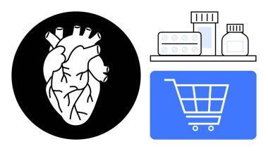 Siyah çemberde anatomik kalp, ilaç şişeleri ve raflarda haplar, ve alışveriş arabası sembolü. Sağlık, kardiyoloji, çevrimiçi eczacılık, tıbbi malzemeler, e-ticaret, sağlık tedavisi için ideal