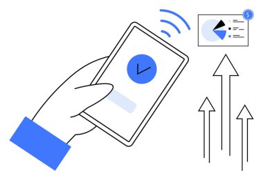 Onaylanmış bir ödemeyi gösteren bir cep telefonu kullanıyor. Finansal grafik ve yükselen oklar büyüme ve başarıyı temsil ediyor. Mobil bankacılık, fintech, iş büyümesi, yatırım ve teknoloji için ideal