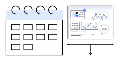 Analitik gösterge panelinin yanında birbirine bağlı bir okla bağlantılı grafikler, çizelgeler ve veriler var. Planlama, planlama, organizasyon, verimlilik, strateji, analiz dairesi için ideal