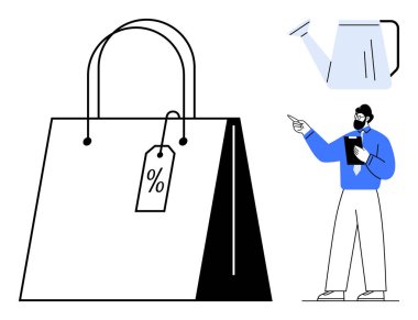 İndirimli etiketli büyük bir alışveriş çantası, sulandırma kutusu silueti ve elinde defter tutan bir adam. Perakende, pazarlama, sürdürülebilirlik, bahçıvanlık, indirimler, eğitim ve büyüme için ideal