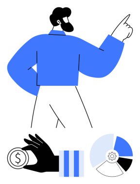 İşadamı yukarıyı işaret ediyor, elinde dolar bozuk para, dikey çubuklar, dişli pasta grafiği. Planlama, liderlik, finans, strateji, analitik karar verme mekanizması için ideal basit bir metafor.