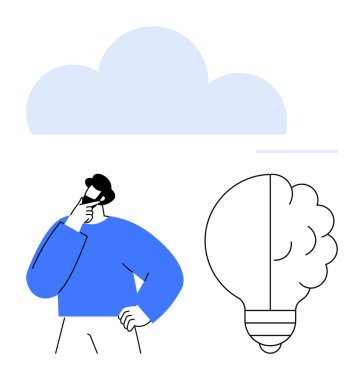 Elleri çenesinde düşünen, düşünceyi sembolize eden bulut ve fikir gelişimini simgeleyen yarım dolu ampul. Beyin fırtınası, yenilik, yaratıcılık, karar verme, problem çözme için ideal