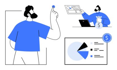 Verileri grafiklerle analiz eden, kararlar veren, online araçlarla para yöneten bir adam. Finans, yatırım, strateji, analitik, iş ekonomisi için ideal. Düz basit metafor