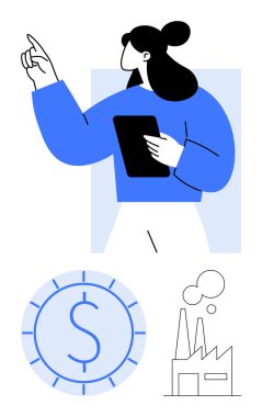 Tableti yukarı bakan bir kadın, bozuk para, dumanlı fabrika. İş, ekonomi, teknoloji, yenilik, büyüme liderlik endüstrisi için idealdir. Düz basit metafor