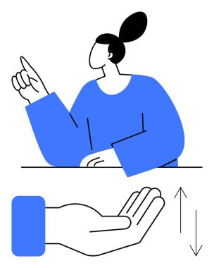 Yukarıyı düşünceli bir ifadeyle işaret eden kişi, aşağıdaki el, denge ve dinamikleri gösteriyor, oklarla vurgulanıyor. Takım çalışması, eğitim, iletişim, rehberlik, kendini ifade etmek için ideal