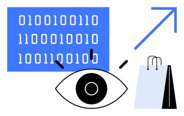 İkili kod, göz, alışveriş torbası, yukarı doğru ok veri analizini, görüşü, tüketici davranışını, büyüme takibini simgeliyor. Teknoloji için ideal, analitik pazarlama stratejisi vizyon perakende yeniliği