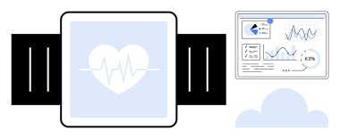 Kalp atışı sembolü gösteren dijital akıllı seğirme ekranda veri analizi ve aşağıda bulut var. Sağlık takibi, teknoloji, veri yönetimi, fitness, teletıp yeniliği için ideal. Düz