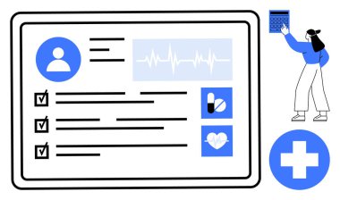 Elektronik sağlık kayıtları hasta profili, tıbbi kontrol listesi, hayati değerler, haplar ve sağlık haçı gösteriyor. Sağlık, teletıp, tanı, hasta sağlığı teknolojisi eğitimi için ideal