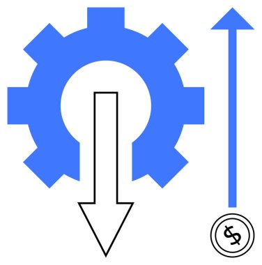 Aşağı doğru ok ile mavi dişli, maliyet düşüşünü sembolize ediyor, yukarı doğru ok ise kar artışını simgeliyor. İş için ideal, üretkenlik, verimlilik, maliyet kesintisi, başarı, büyüme