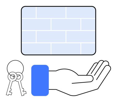 Açık mavi tuğla duvarın yanında anahtarları sunuyorum. Gayrimenkul, mülkiyet, kiralama hizmetleri, fırsat, ev güvenliği, kaynaklar, güven için ideal. Düz basit metafor