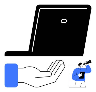 Açık elle destek bilgisayarı, yardımı sembolize ediyor. Teleskopu olan biri fırsatları araştırıyor. Teknoloji, kariyer büyümesi, iş stratejisi, yenilik, takım çalışması, rehberlik için ideal