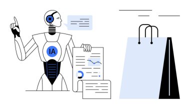 Bilgi analizi, konuşma balonu, belgeler ve yapay zekayı temsil eden alışveriş torbası olan bir robot. Teknoloji, otomasyon, yenilik, e-ticaret, veri analiz makinesi öğrenimi için ideal