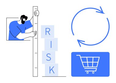 Yığılmış blokları ölçen adam RISK 'i, dairesel okları sembolize eden süreç, alışveriş arabası ikonu. İş analizi, e-ticaret stratejisi, risk yönetimi, süreç optimizasyonu, perakende satış için ideal