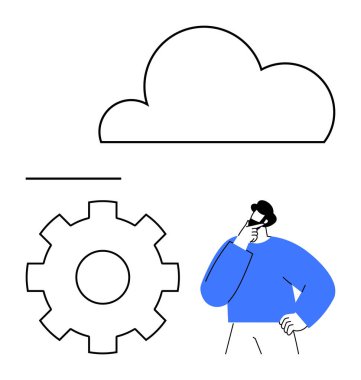 Bulut simgesi, vites ve insan düşüncesi dijital planlama, yenilik ve bilişim süreçlerini temsil ediyor. Teknoloji, yazılım, bulut depolama veri yönetimi problem çözme dairesi için ideal