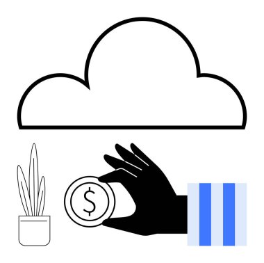 El ele tutuşan dolar para, teknoloji ve büyüme unsurlarıyla çevrili bulut tabanlı finansal hizmetleri sembolize eder. Yatırım, tasarruf, bulut sistemleri, fintech, uzaktan çalışma, e-ticaret için ideal