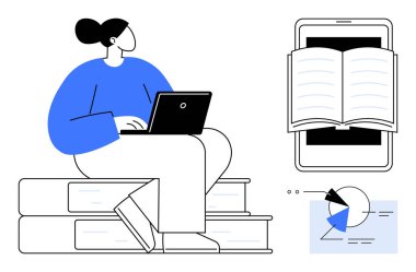 Dizüstü bilgisayarda çalışan bir kadın kitaplar, açık bir kitap, veri tablosu ve yakınlardaki pasta grafiğini gösteren bir telefon. Eğitim, teknoloji, araştırma, verimlilik, e-öğrenim dijital araçları için idealdir. Düz