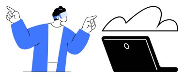 Bilgisayarın üstündeki bulutu işaret eden VR kulaklık takan kişi, teknolojiyi, bulut hesaplamasını ve gelecekteki buluşları temsil ediyor. Teknolojik trendler, dijital dönüşüm, bulut depolama, VR, gelecek için ideal