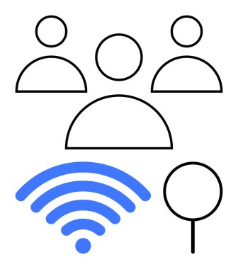 Üç soyut insan figüründen oluşan bir grup mavi kablosuz sinyal ve harita iğnesiyle birbirine bağlı. Bağlantı, iletişim, internet, ağ, teknoloji, takım işbirliği, sanal topluluk için ideal. Düz