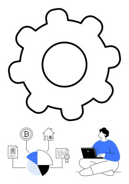 Dizüstü bilgisayarı olan büyük bir vites simgesi. Çizelge, kripto para birimi, ev ve sertifika simgeleri analiz, finans ve yenilikleri gösteriyor. Teknoloji ve yatırım planlama için ideal