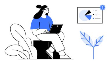 Dizüstü bilgisayar kullanan bir kadın, dolar ikonlu finansal pasta grafiği ve ekolojik bilinç artışını temsil eden bir yaprak ikonu. Finans, teknoloji, analiz, üretkenlik, iş stratejisi, çevre için ideal