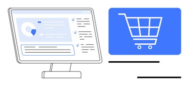 Vurgulanmış bir alışveriş arabası simgesinin yanında analitik bulunan dijital masaüstü ekran. Çevrimiçi alışveriş, perakende satış, dijital pazarlama, analitik, içerik yönetimi, iş stratejisi, düz basit