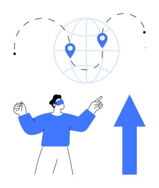 Küresel haritaya doğru hareket eden adam, yukarı doğru büyüyen bir okun üzerine çiviler çakıyor. Küreselleşme, strateji, yenilik, başarı, navigasyon, büyüme zihniyeti için idealdir. Düz basit metafor