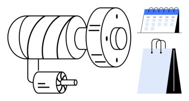 Takvim ve alışveriş çantasının yanındaki motor mekanizması. Endüstri için ideal, üretkenlik, otomasyon, programlama, e-ticaret, perakende, modern iş. Düz basit metafor