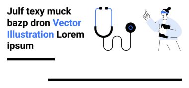 Merkezde steteskop, panolu profesyonel jestler, soyut metin ve geometrik elementler. Sağlık, profesyonellik, teknoloji, eğitim, yenilik ve sade iniş için ideal