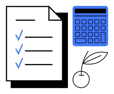 Mavi işaretli kontrol listesi, hesap makinesi ve bir kiraz yaprağı. Üretkenlik, finans, organizasyon, ekolojik bilinçli planlama, görev yönetimi hedef belirleme değerlendirmesi için idealdir. Düz basit metafor