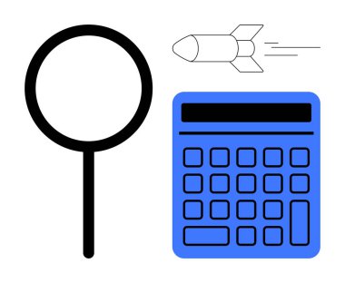 Büyüteç, hesap makinesi ve roket, araştırma, finans, teknoloji ve yenilik kavramlarını ortaya koymaktadır. Eğitim, keşif, iş büyüme veri analizi için ideal bilimsel veriler