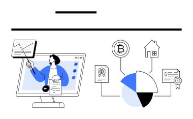 Eğitimci ekrandaki kripto para, emlak ve yatırım simgeleriyle çevrili çizelge ve belgelere işaret ediyor. Finans, eğitim, analitik, kripto para birimi ve yatırım sektörü için ideal