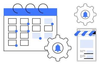 İşaretli olaylar, tebligat dişlileri ve mobil mağaza düzeni ile takvim, organizasyon ve alarmları vurgular. Planlama, programlama, hatırlatıcılar, verimlilik, e-ticaret, otomasyon iş akışı için ideal